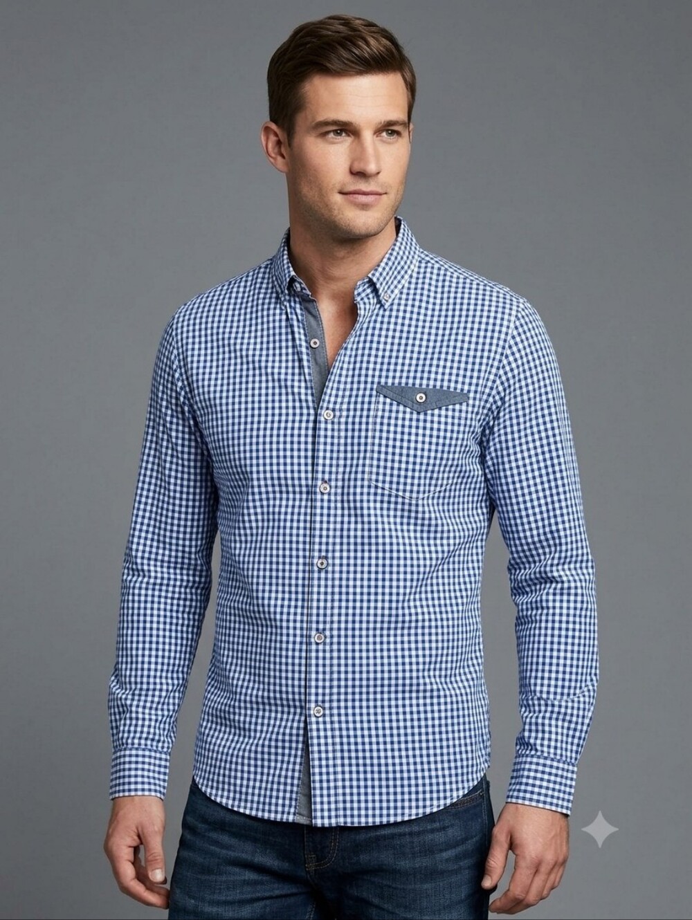 Thread & Cloth Blue Gingham Button Down Shirt Small Denim Trim Western Preppy